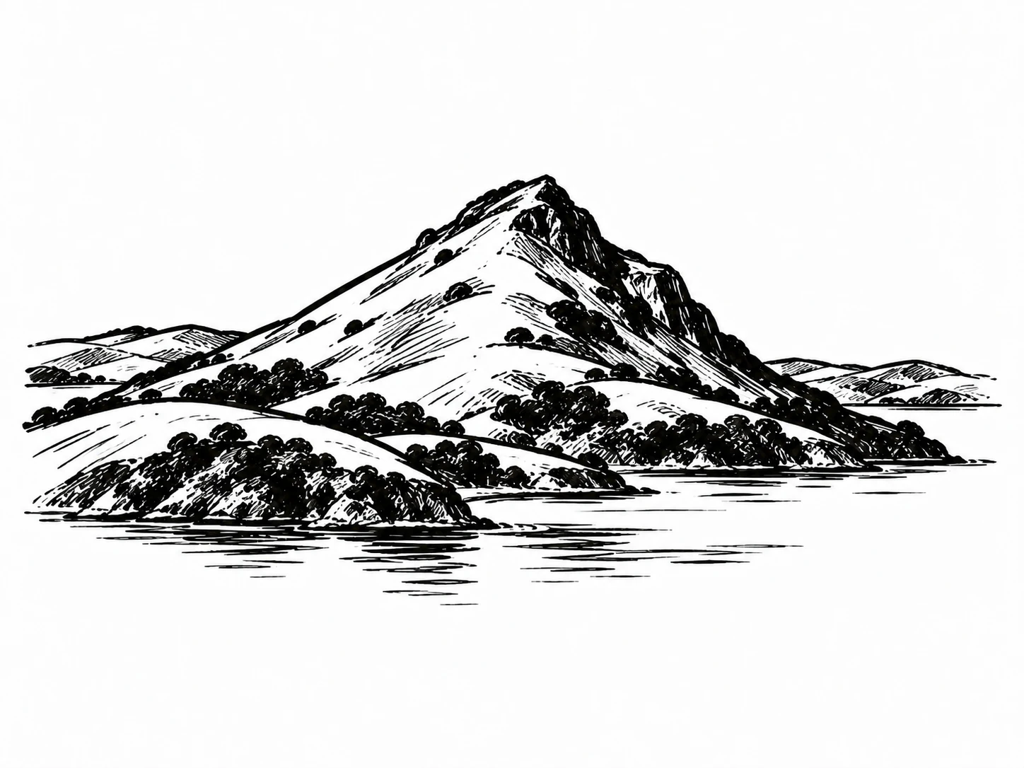 Ink sketch of a coastal mountain and harbour